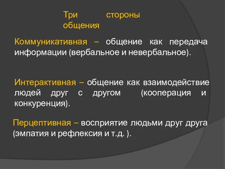 Три стороны общения Коммуникативная – общение как передача информации (вербальное