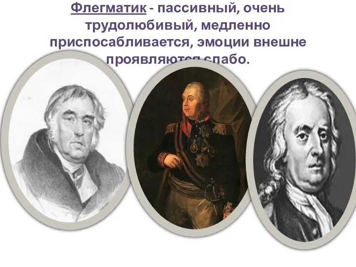 Флегматик - пассивный, очень трудолюбивый, медленно приспосабливается, эмоции внешне проявляются слабо.