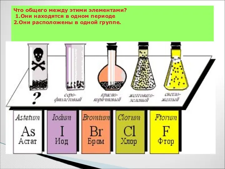 Что общего между этими элементами? 1.Они находятся в одном периоде 2.Они расположены в одной группе.