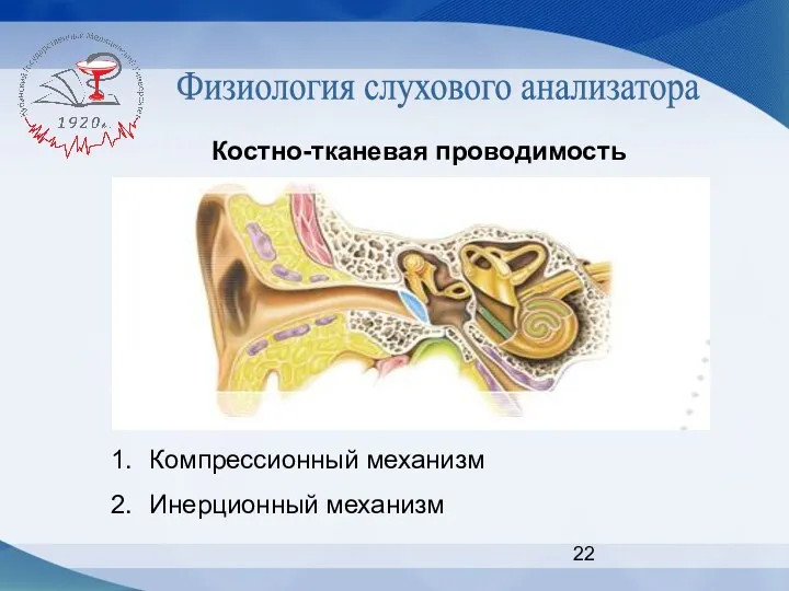 Физиология слухового анализатора Костно-тканевая проводимость Компрессионный механизм Инерционный механизм