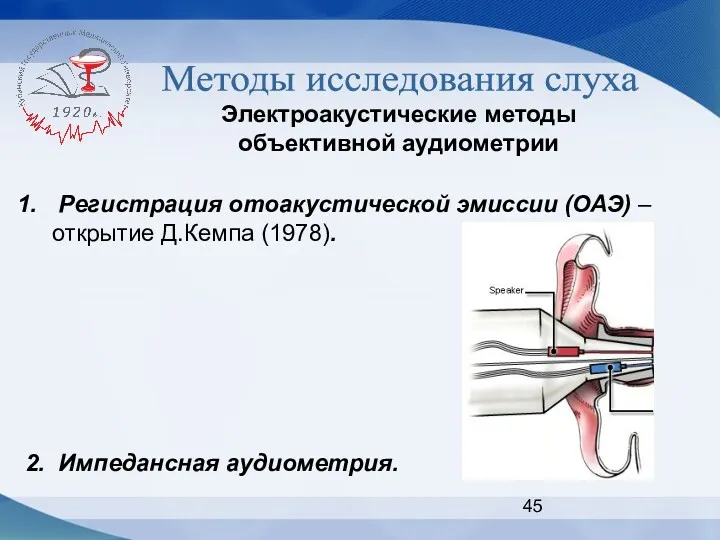 Методы исследования слуха Электроакустические методы объективной аудиометрии Регистрация отоакустической эмиссии (ОАЭ) – открытие