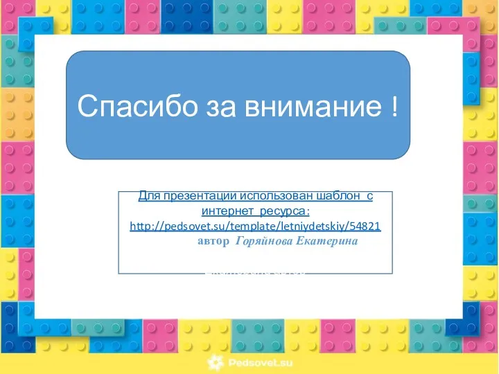 Спасибо за внимание ! Для презентации использован шаблон с интернет ресурса: http://pedsovet.su/template/letniydetskiy/54821 Автор: