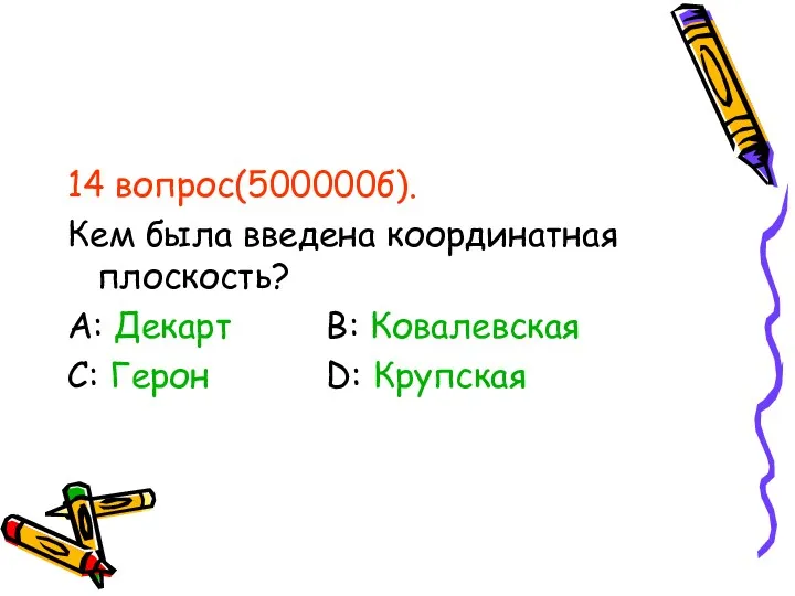 14 вопрос(500000б). Кем была введена координатная плоскость? А: Декарт В: Ковалевская С: Герон D: Крупская