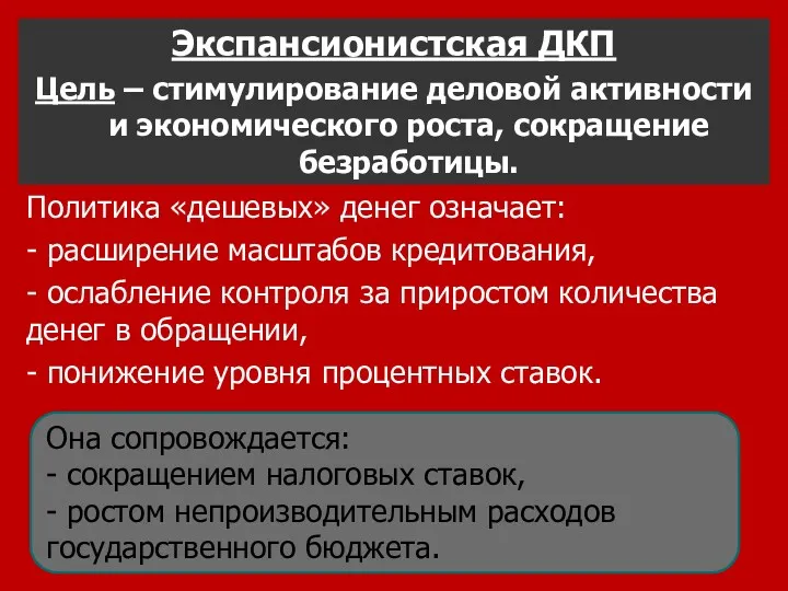 Экспансионистская ДКП Цель – стимулирование деловой активности и экономического роста,