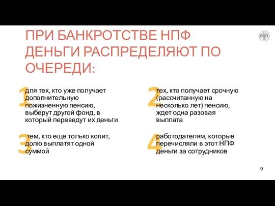 4 3 2 1 ПРИ БАНКРОТСТВЕ НПФ ДЕНЬГИ РАСПРЕДЕЛЯЮТ ПО