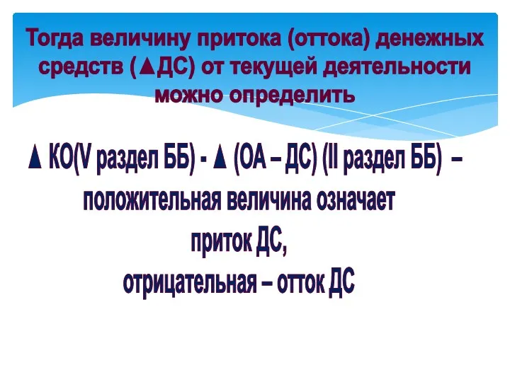 Тогда величину притока (оттока) денежных средств (▲ДС) от текущей деятельности можно определить ▲