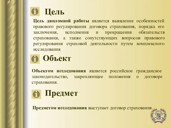 Цель Предмет Объект Объектом исследования является российское гражданское законодательство, закрепляющее