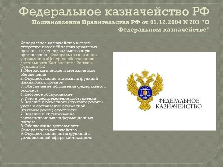 Федеральное казначейство РФ Постановление Правительства РФ от 01.12.2004 N 703