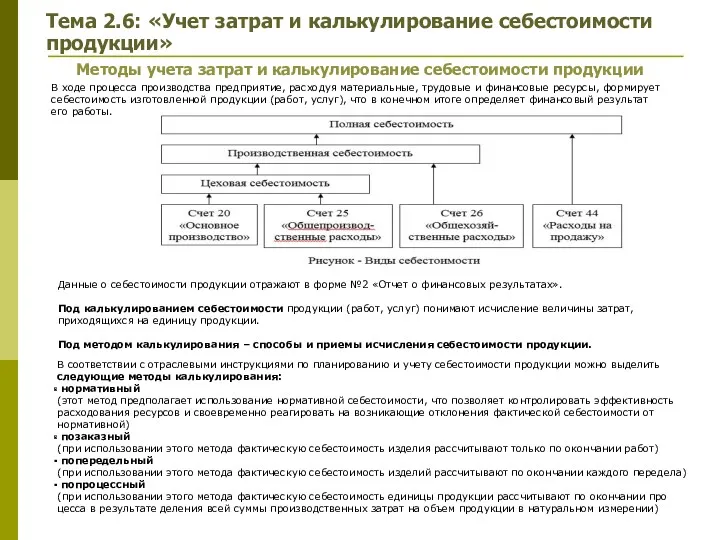 Тема 2.6: «Учет затрат и калькулирование себестоимости продукции» Методы учета затрат и калькулирование