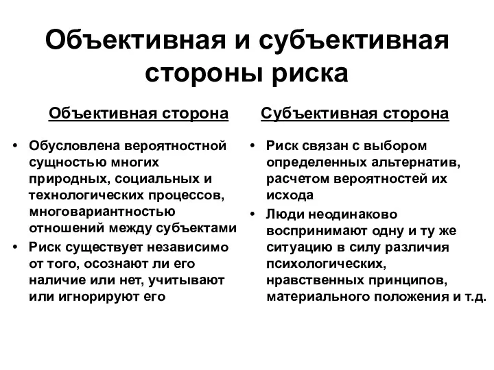 Объективная и субъективная стороны риска Объективная сторона Обусловлена вероятностной сущностью