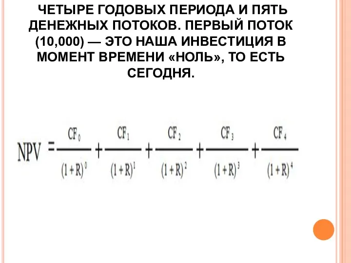 ЧЕТЫРЕ ГОДОВЫХ ПЕРИОДА И ПЯТЬ ДЕНЕЖНЫХ ПОТОКОВ. ПЕРВЫЙ ПОТОК (10,000)