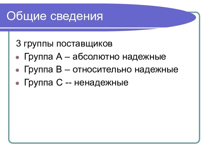 Общие сведения 3 группы поставщиков Группа А – абсолютно надежные Группа В –