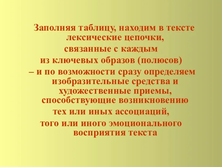 Заполняя таблицу, находим в тексте лексические цепочки, связанные с каждым