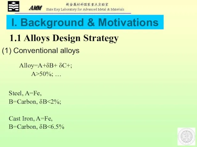 (1) Conventional alloys I. Background & Motivations Steel, A=Fe, B=Carbon, δB Cast Iron,