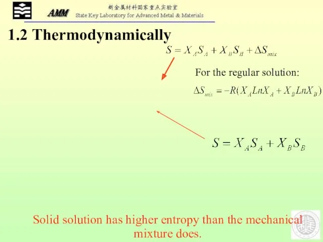 Solid solution has higher entropy than the mechanical mixture does. 1.2 Thermodynamically For the regular solution: