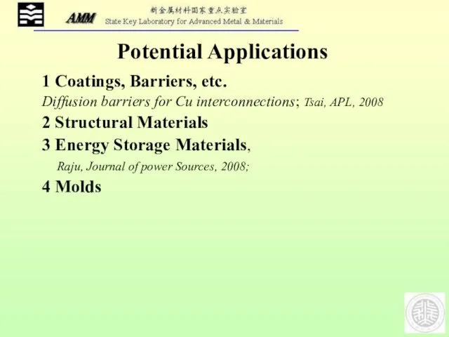 1 Coatings, Barriers, etc. Diffusion barriers for Cu interconnections; Tsai,