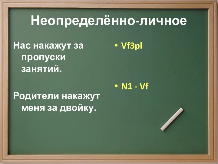 Неопределённо-личное Нас накажут за пропуски занятий. Родители накажут меня за двойку. Vf3pl N1 - Vf