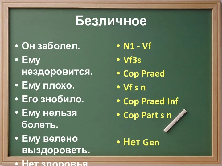 Безличное Он заболел. Ему нездоровится. Ему плохо. Его знобило. Ему