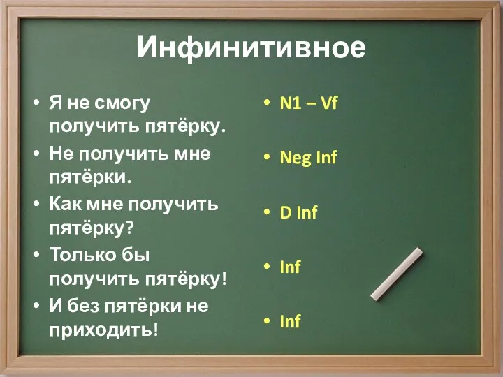 Инфинитивное Я не смогу получить пятёрку. Не получить мне пятёрки.