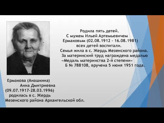 Ермакова (Анашкина) Анна Дмитриевна (09.07.1917-28.03.1996) родилась в с. Жердь Мезенского