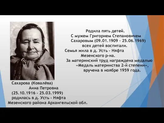 Сахарова (Ковалёва) Анна Петровна (25.10.1916 - 25.03.1999) родилась в д.