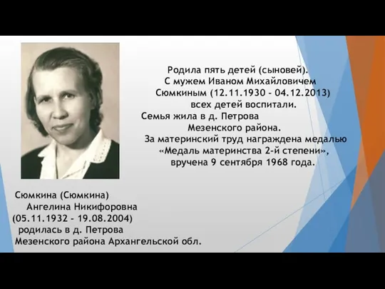 Сюмкина (Сюмкина) Ангелина Никифоровна (05.11.1932 - 19.08.2004) родилась в д.