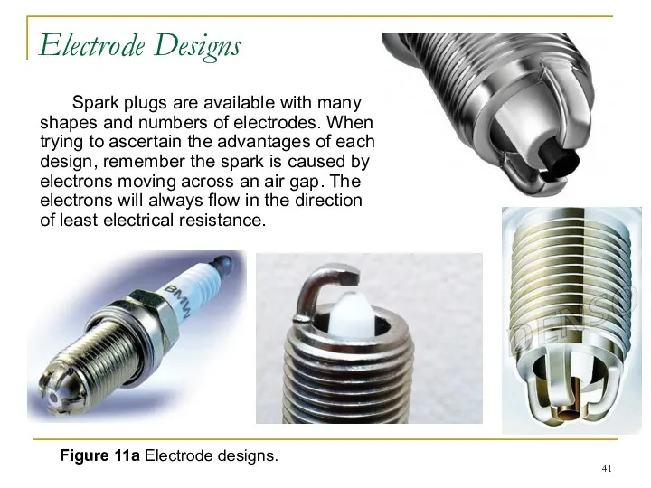 Electrode Designs Spark plugs are available with many shapes and