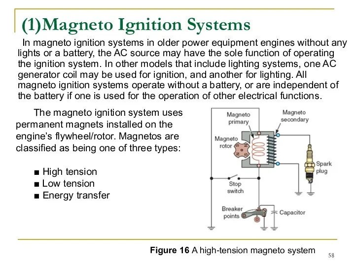 (1)Magneto Ignition Systems In magneto ignition systems in older power