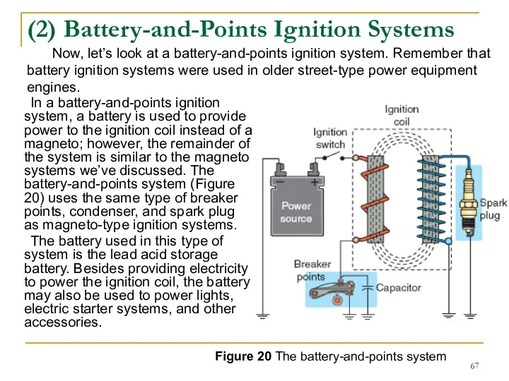 (2) Battery-and-Points Ignition Systems In a battery-and-points ignition system, a