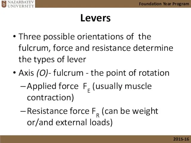 Levers Three possible orientations of the fulcrum, force and resistance