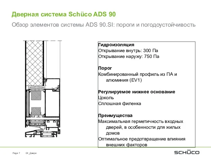 04_Двери Page Дверная система Schüco ADS 90 Гидроизоляция Открывание внутрь: