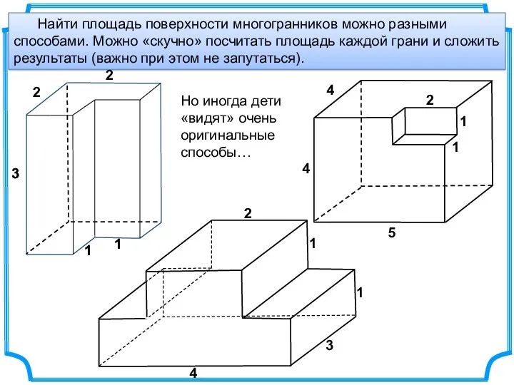 Найти площадь поверхности многогранников можно разными способами. Можно «скучно» посчитать