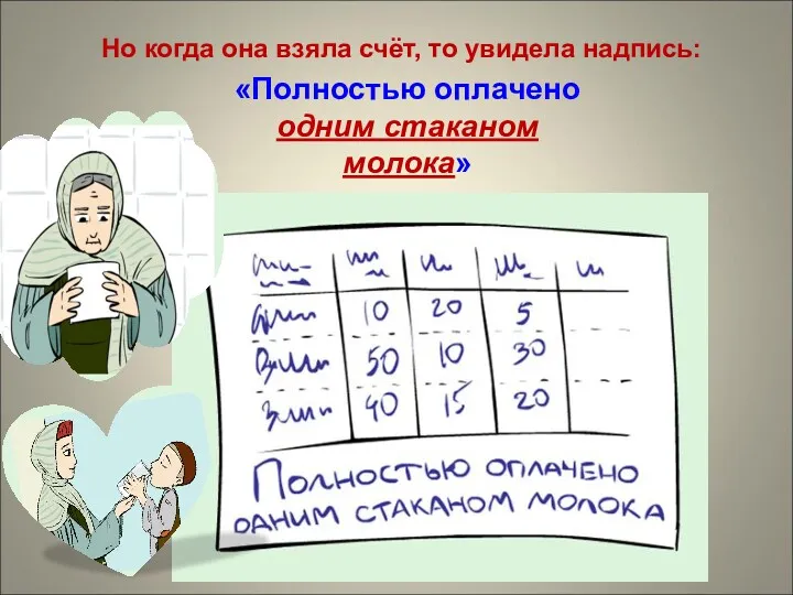 Но когда она взяла счёт, то увидела надпись: «Полностью оплачено одним стаканом молока»