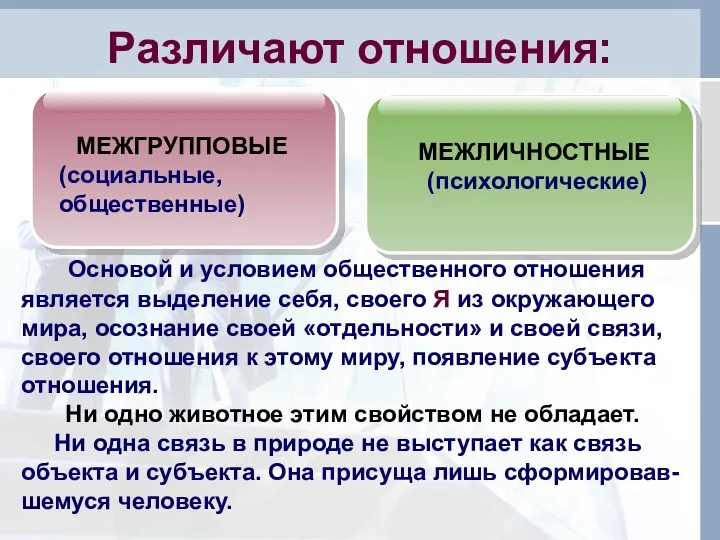 Различают отношения: МЕЖГРУППОВЫЕ (социальные, общественные) МЕЖЛИЧНОСТНЫЕ (психологические) Основой и условием