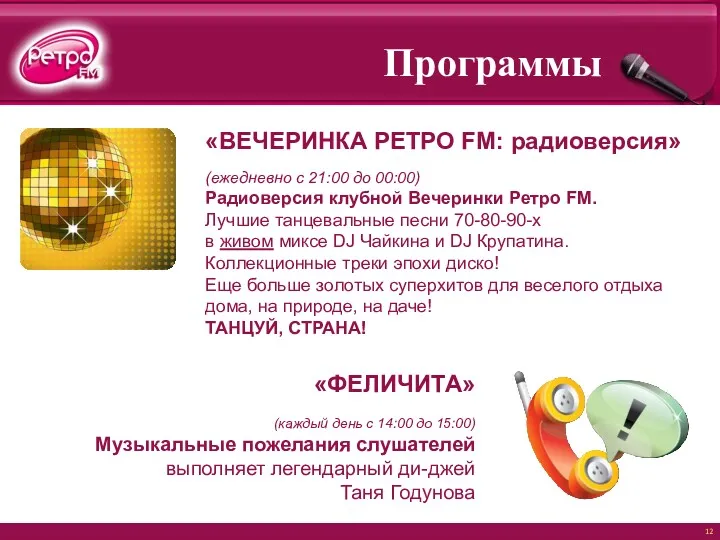 Программы «ВЕЧЕРИНКА РЕТРО FM: радиоверсия» (ежедневно с 21:00 до 00:00)