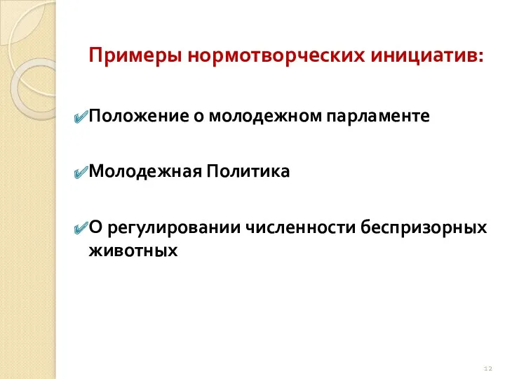 Примеры нормотворческих инициатив: Положение о молодежном парламенте Молодежная Политика О регулировании численности беспризорных животных