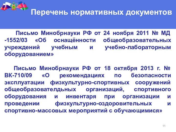 Перечень нормативных документов Письмо Минобрнауки РФ от 24 ноября 2011
