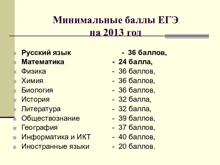 Минимальные баллы ЕГЭ на 2013 год Русский язык - 36 баллов, Математика -