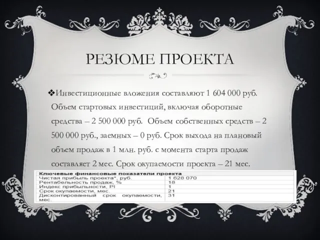 РЕЗЮМЕ ПРОЕКТА Инвестиционные вложения составляют 1 604 000 руб. Объем