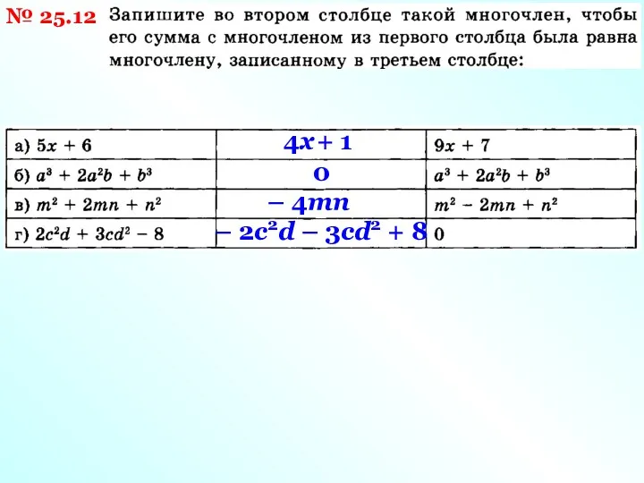 № 25.12 4х + 1 0 – 4mn – 2с2d – 3cd2 + 8