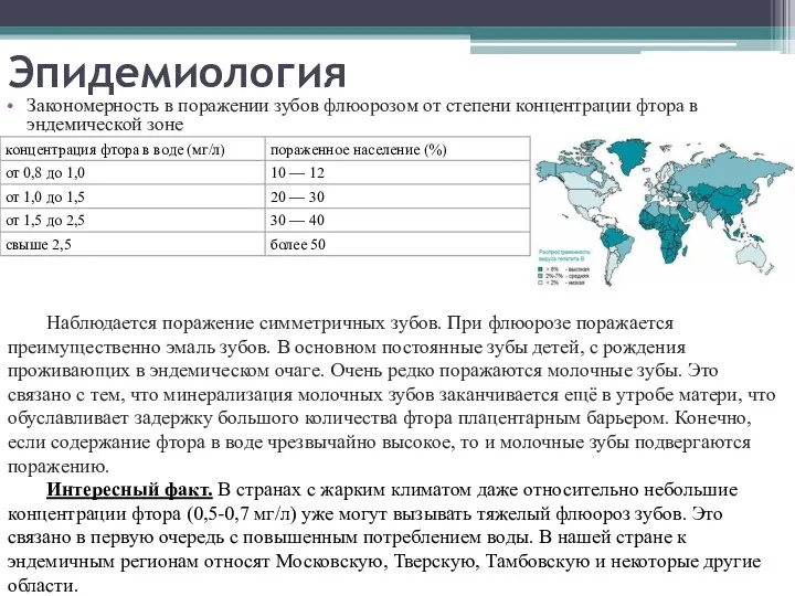 Эпидемиология Закономерность в поражении зубов флюорозом от степени концентрации фтора