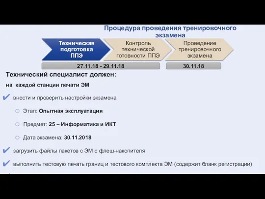 27.11.18 - 29.11.18 30.11.18 Процедура проведения тренировочного экзамена Технический специалист