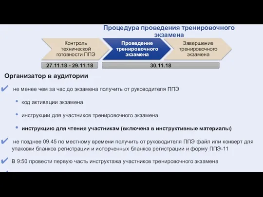 27.11.18 - 29.11.18 30.11.18 Процедура проведения тренировочного экзамена Организатор в