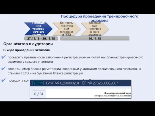 Проведение тренировочного экзамена Контроль технической готовности ППЭ Завершение тренировочного экзамена