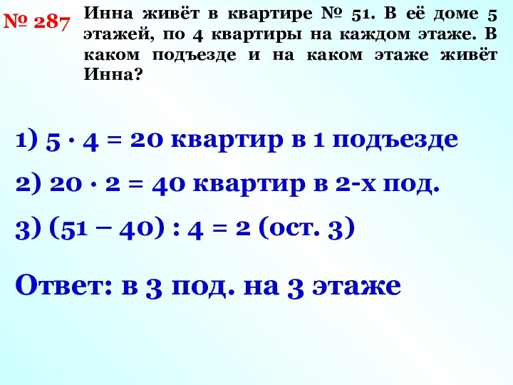 № 287 Инна живёт в квартире № 51. В её