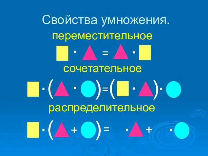 Свойства умножения. . = . переместительное . = . (