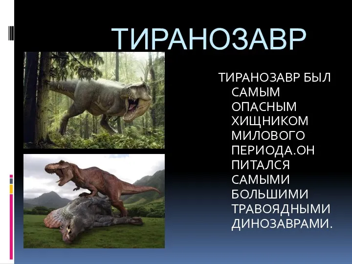 ТИРАНОЗАВР ТИРАНОЗАВР БЫЛ САМЫМ ОПАСНЫМ ХИЩНИКОМ МИЛОВОГО ПЕРИОДА.ОН ПИТАЛСЯ САМЫМИ БОЛЬШИМИ ТРАВОЯДНЫМИ ДИНОЗАВРАМИ.