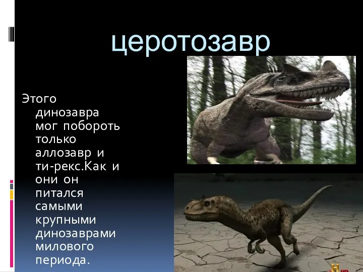церотозавр Этого динозавра мог побороть только аллозавр и ти-рекс.Как и