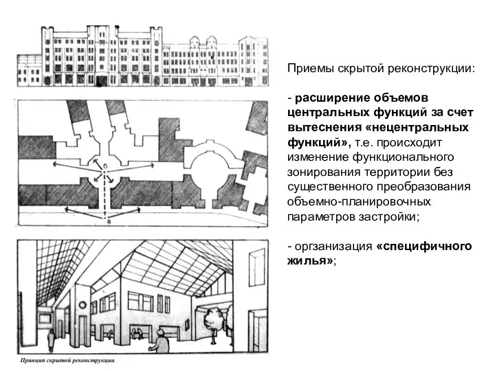 Приемы скрытой реконструкции: - расширение объемов центральных функций за счет