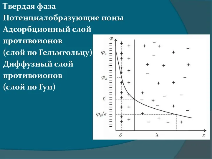 Твердая фаза Потенциалобразующие ионы Адсорбционный слой противоионов (слой по Гельмгольцу) Диффузный слой противоионов (слой по Гуи)